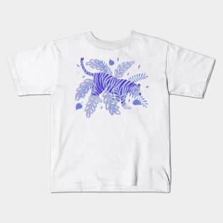 Indigo blue tiger and tropical leaves Kids T-Shirt